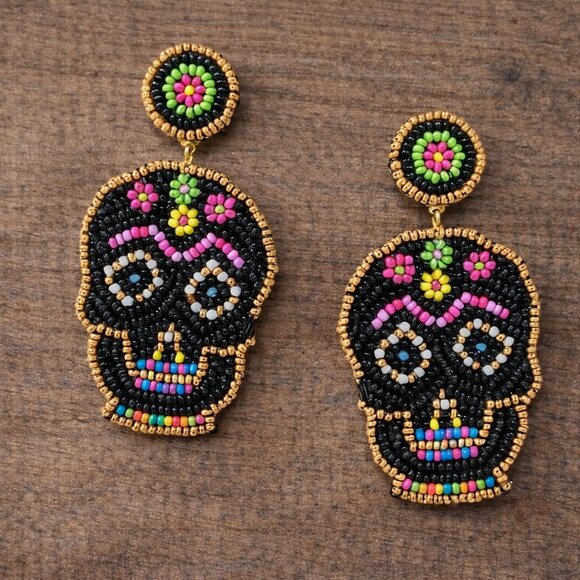 Handmade Jewelry - Handmade Beaded Sugar Skull Earrings Day of the Dead Statement Jewelry